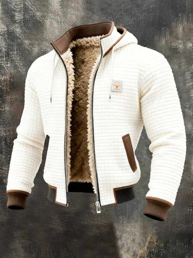 Veste bomber homme blanche à capuche, doublure sherpa chaude, texture gaufrée.