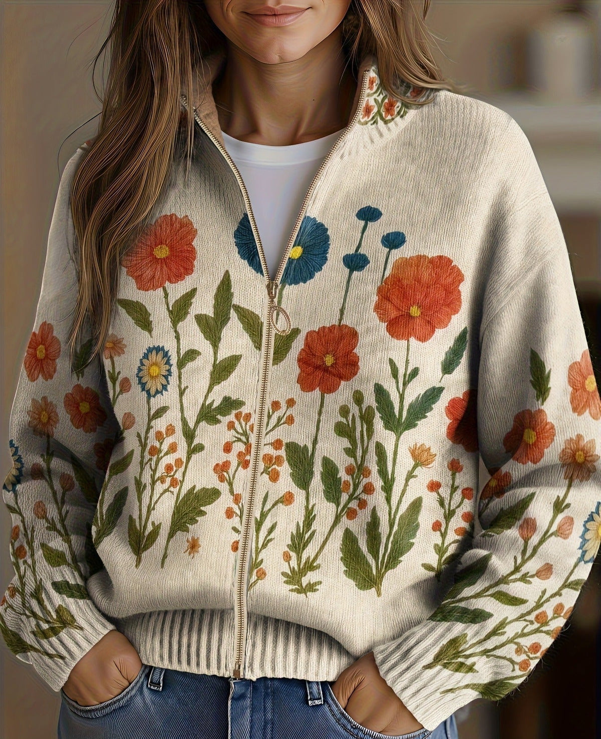 Wrenna | Cardigan zippé Champ de Fleurs Sauvages
