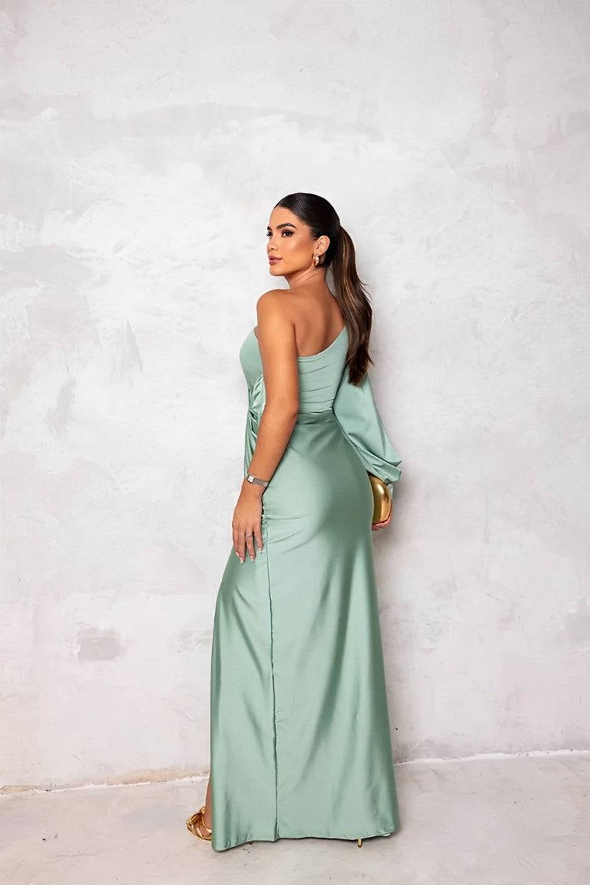 Robe trapèze Eleanor™ une épaule vert menthe, drapée, fente sur le côté.