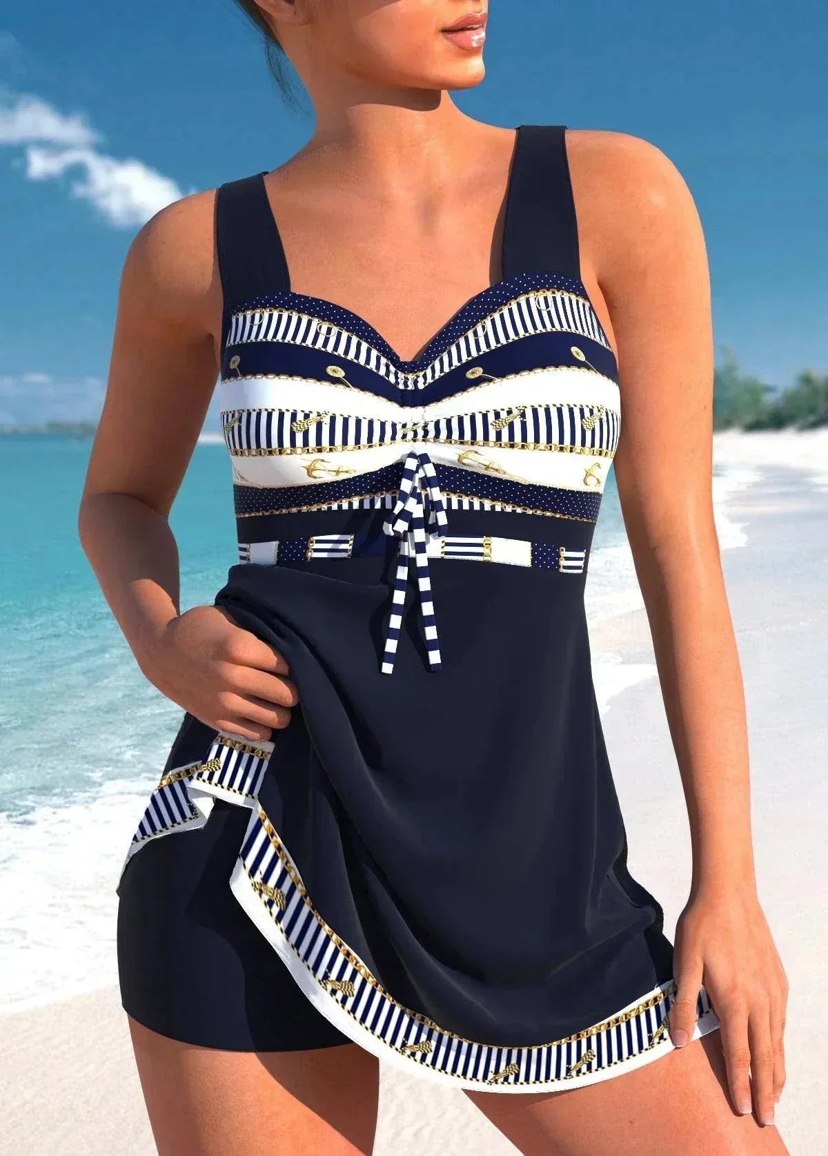 Maillot de bain noir à motifs géométriques bleu marine et blanc, bretelles larges